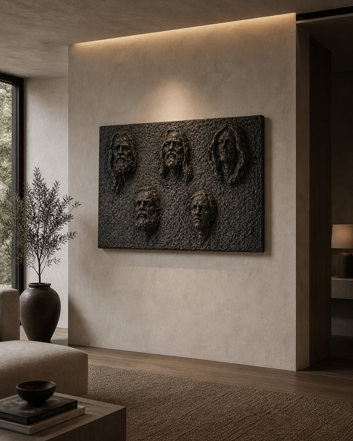 Dark textured Faces Wall Sculpture featuring five relief busts, displayed on a beige wall in a modern living room.