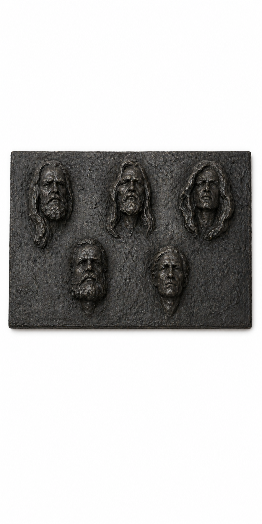 Dark metal Faces Wall Sculpture featuring five relief busts of bearded men on a textured rectangular plaque.