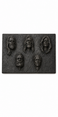 Dark metal Faces Wall Sculpture featuring five relief busts of bearded men on a textured rectangular plaque.
