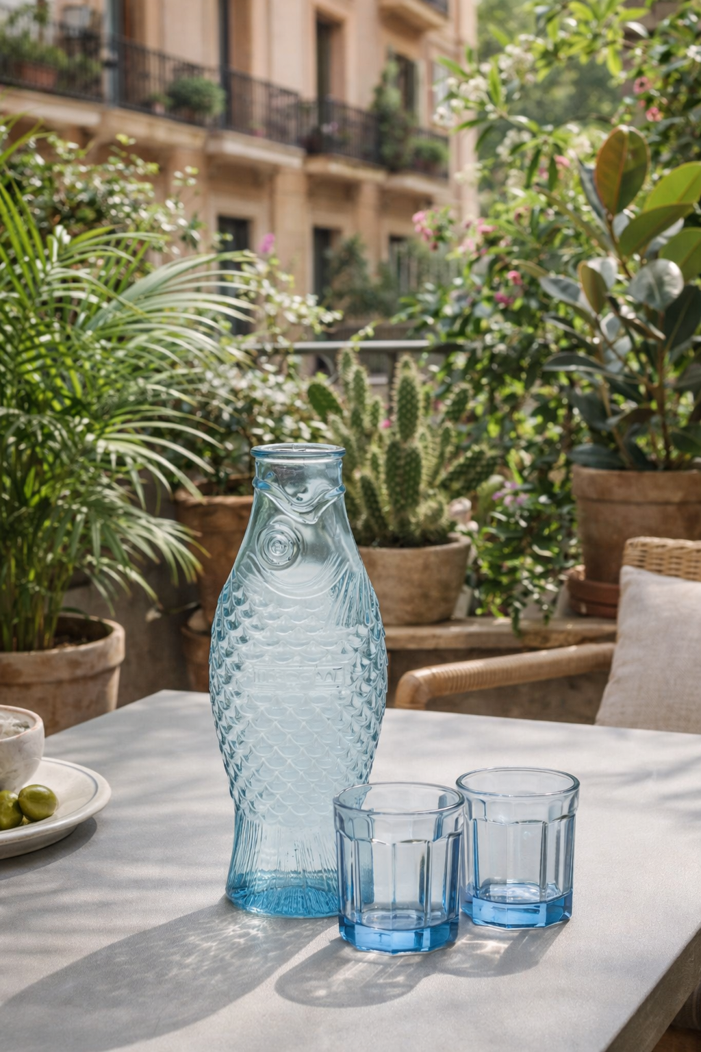 Light blue glass Fish & Fish Pitcher Set with a fish-shaped pitcher and two matching glasses on an outdoor table.