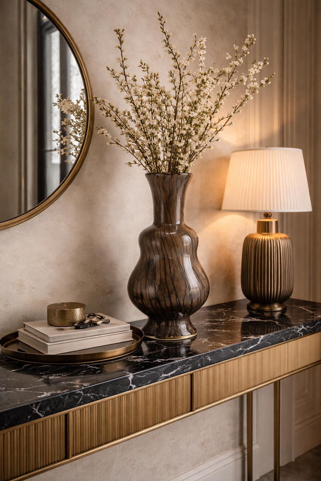 Frascati Vase, dark brown with wood-grain texture, an elegant curved silhouette, and a golden base trim.