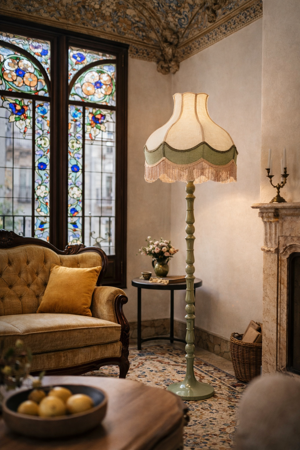Sage green floor lamp by Fringaloo with a cream and sage green scalloped shade and pink fringe.