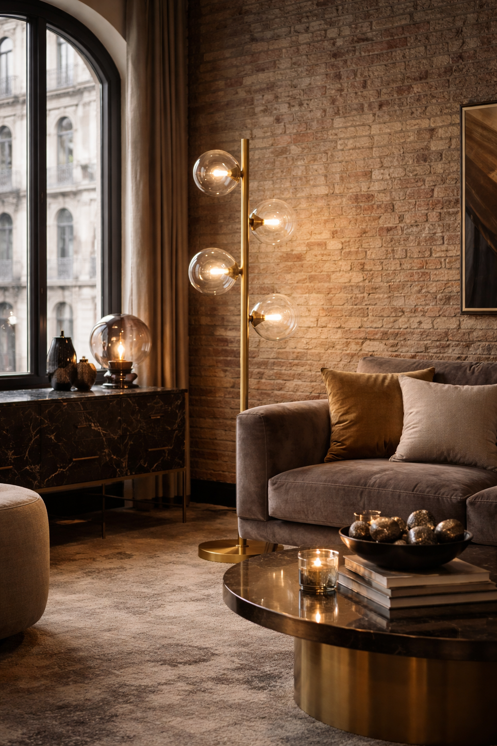 Gold-toned floor lamp with four illuminated clear glass globes and a flat round base.