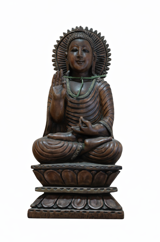Dark brown wooden Buddha statue in a meditative pose with a halo, green necklace, and lotus pedestal.