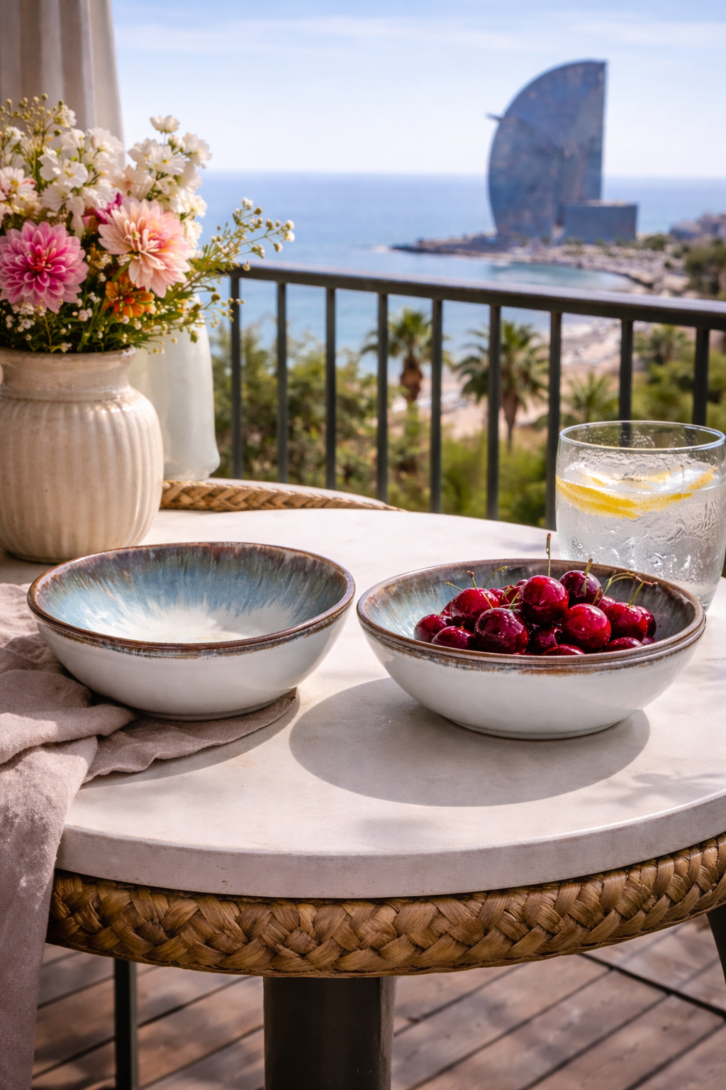 Two indigo and white reactive glaze ceramic bowls, one empty and one with cherries, on an outdoor balcony table.