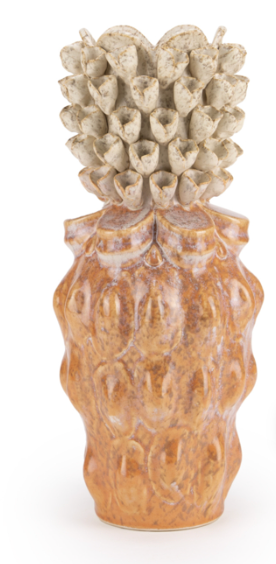 Ceramic vase with an orange-brown sculpted base and an off-white top with cup-like forms, resembling a pineapple.