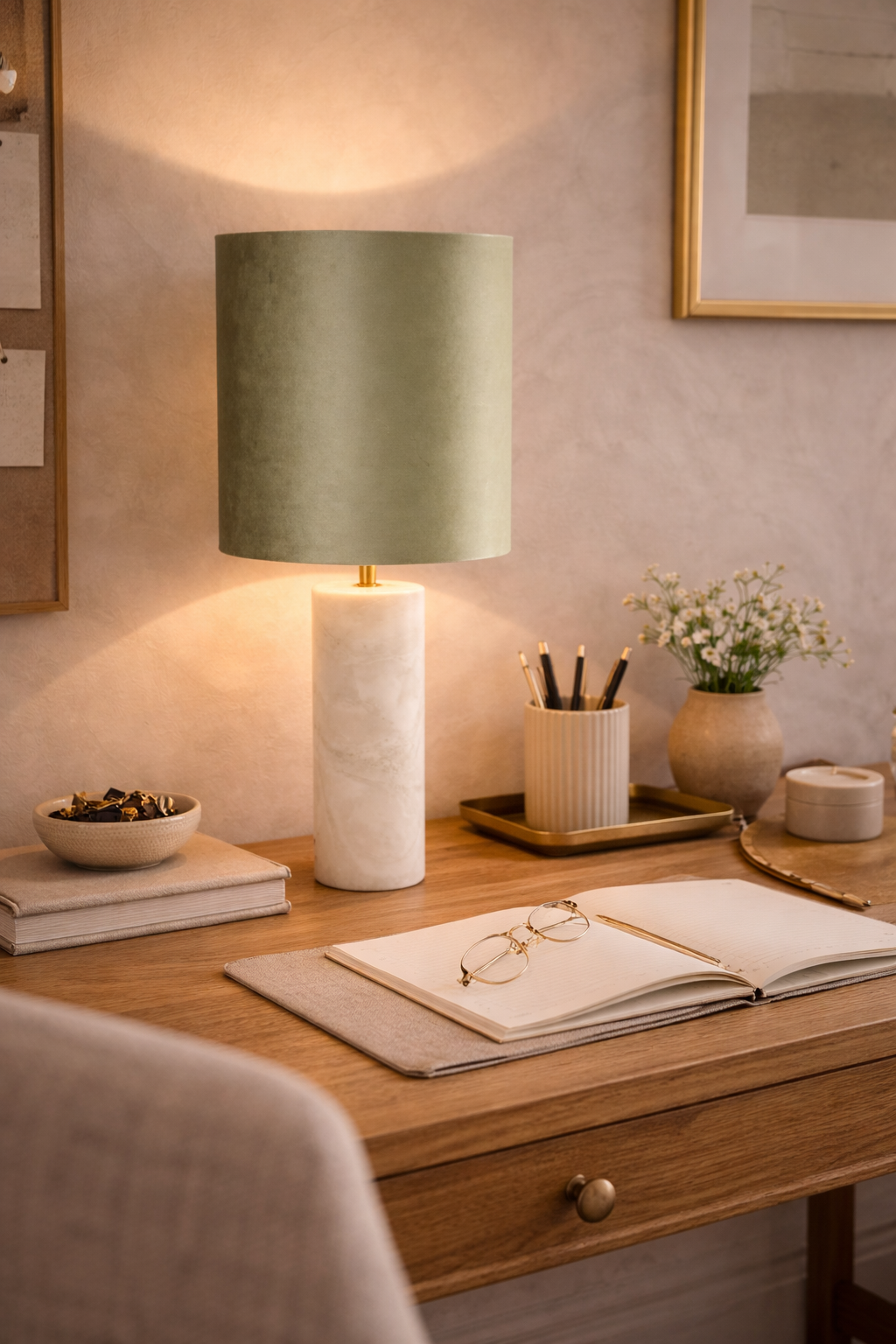Jade green velvet table lamp with a cylindrical white marble base, casting warm light on a wooden desk.