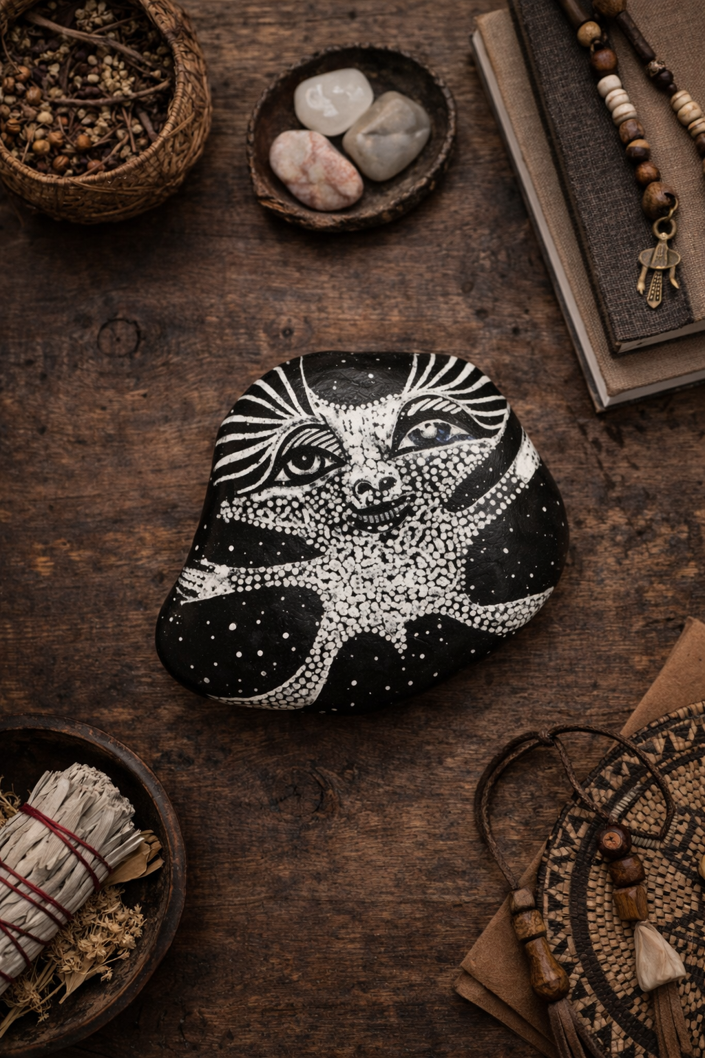 Black stone painted with a white koala face art design, featuring intricate lines and white speckles, on a wooden surface.