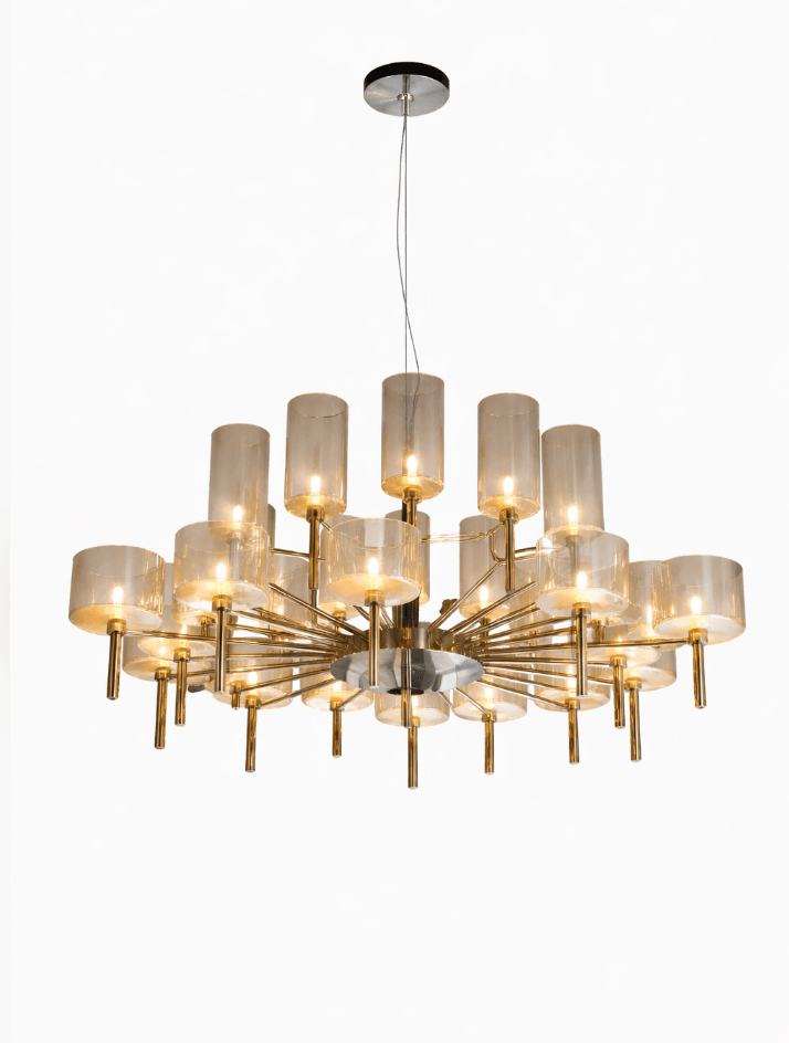 Gold-toned hanging lamp with amber glass cylindrical shades in a radiating, multi-tiered design.