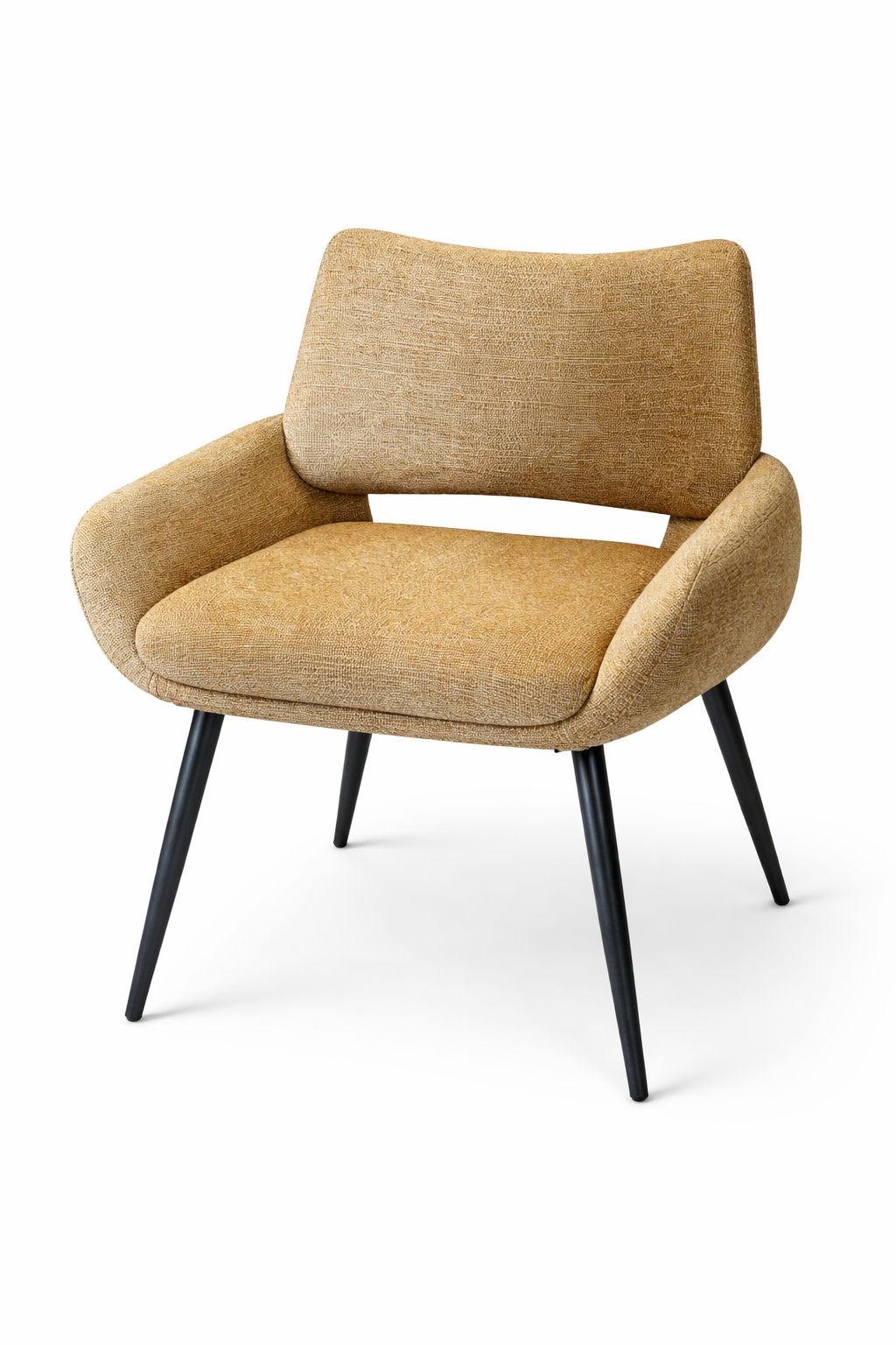 Beige upholstered chair by Lesco with a subtle woven texture, armrests, and black tapered legs.