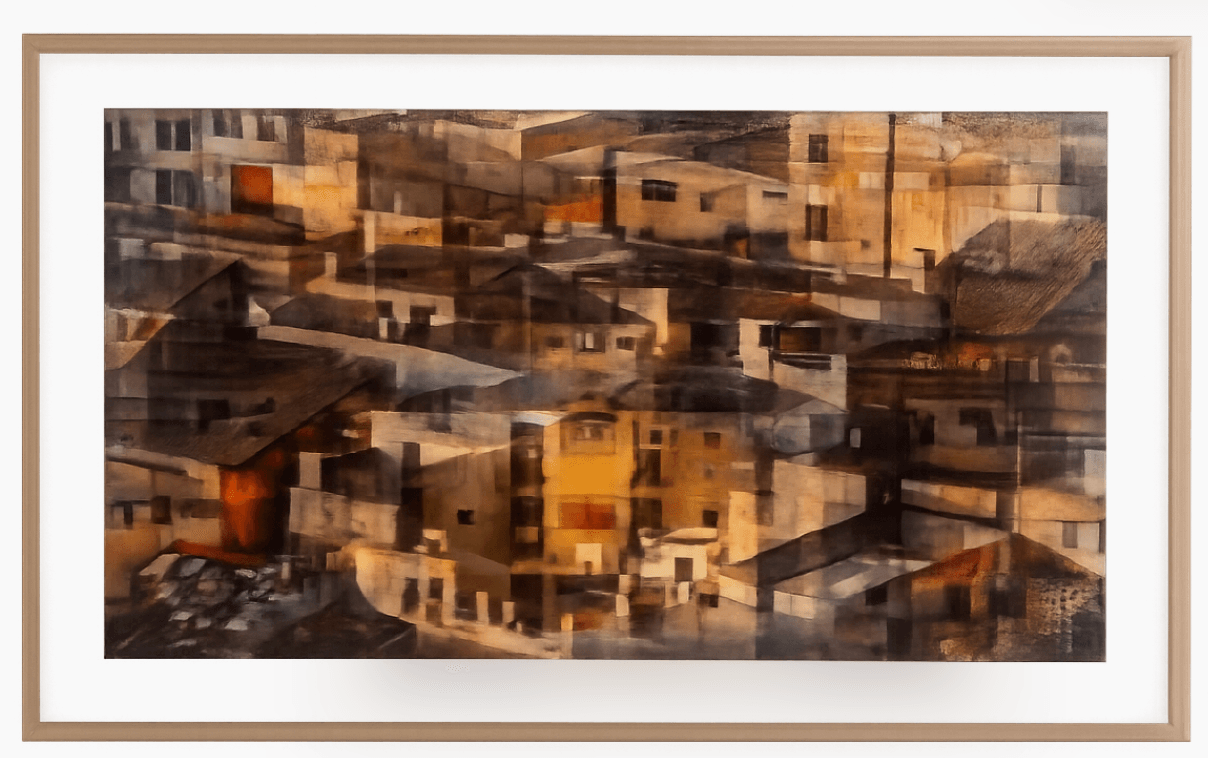 Abstract city painting by Manuel Cohen, in warm brown and orange tones, depicting layered buildings, framed.