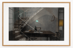 Painting by Manuel Cohen depicting a double-exposed interior with a staircase, table, green bottle, and faint light.