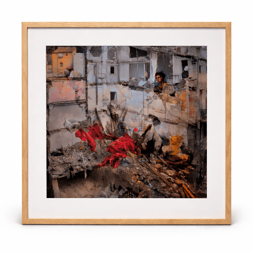 Framed painting by Manuel Cohen depicting a layered urban destruction scene with rubble and vivid red fabric.