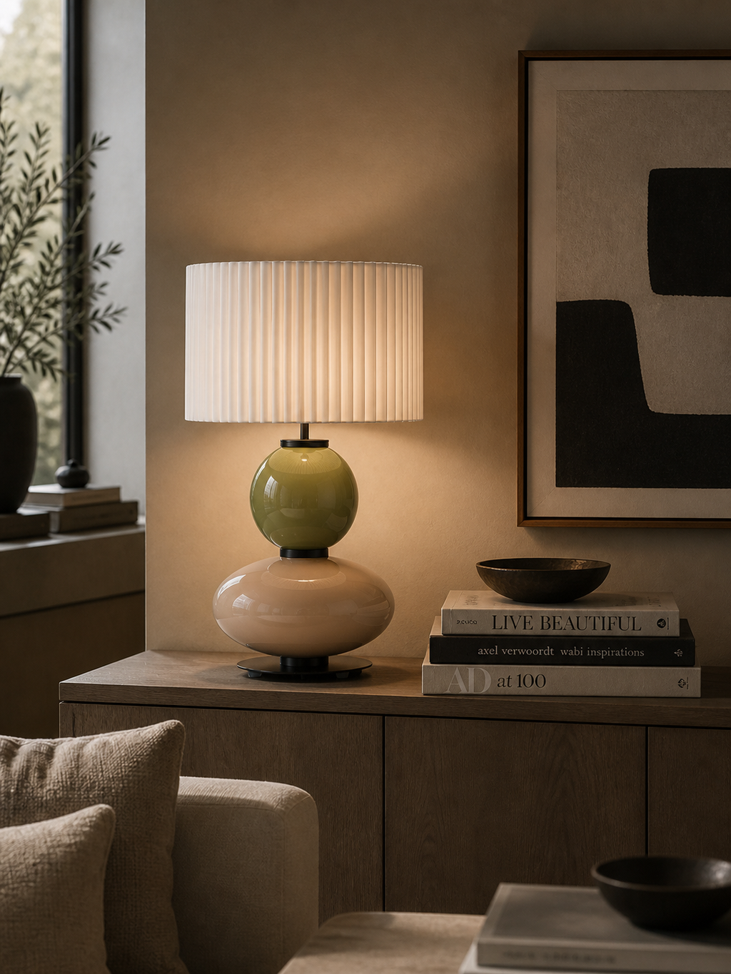 Mapi Table lamp with pleated white shade, light green and peach stacked spherical base on a wooden cabinet.
