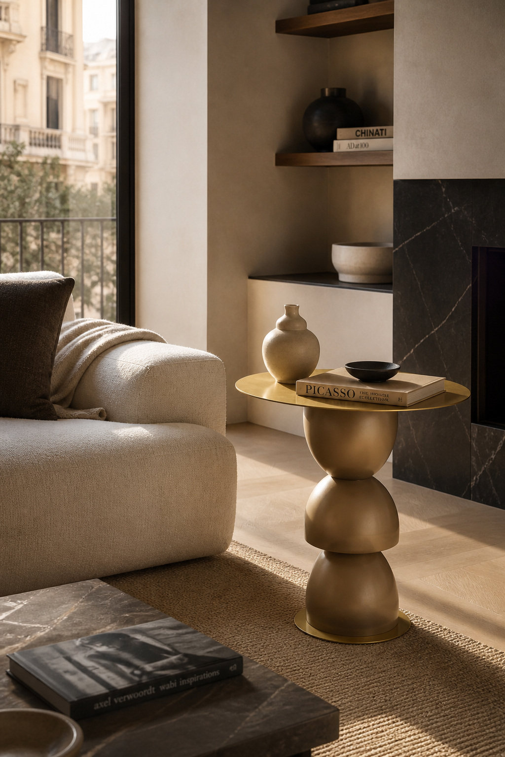 Gold Metric Side Table with a round top and stacked spherical base, styled next to an off-white sofa.