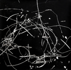 Abstract black and white painting with energetic, chaotic white lines on a dark background.