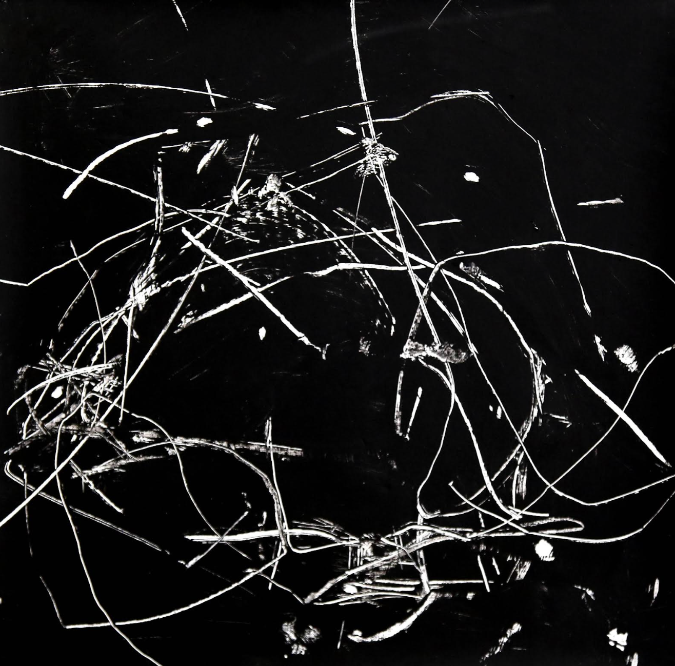 Abstract black and white painting with energetic, chaotic white lines on a dark background.