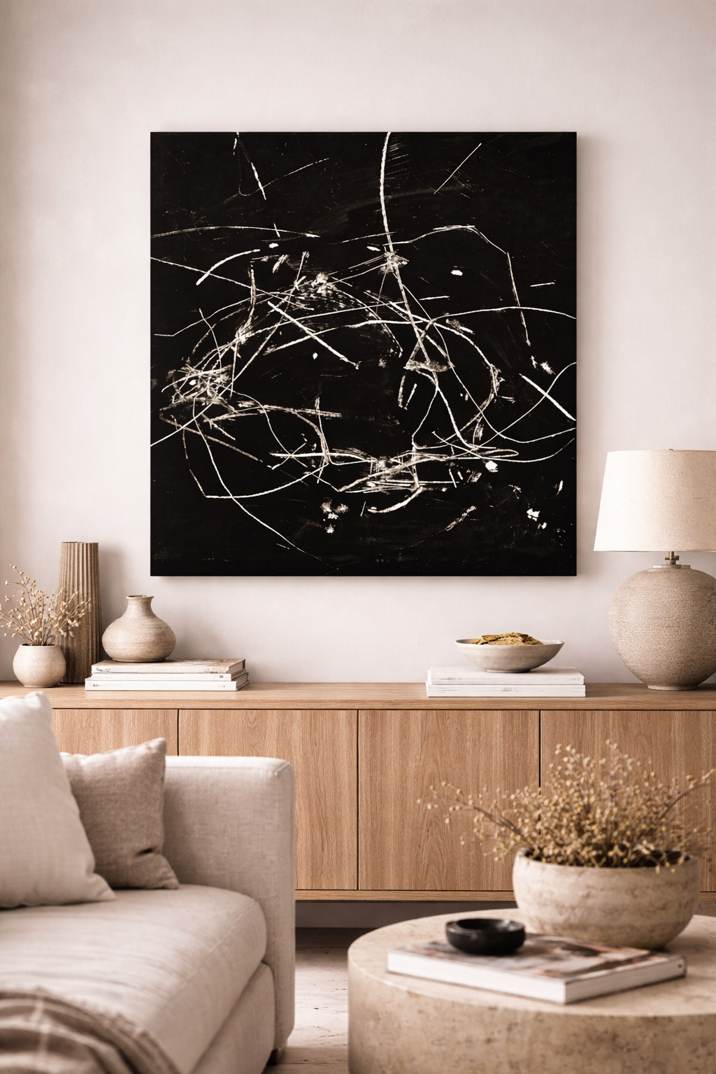 Moonlight Drizzle painting, a black and white abstract artwork with white scribbled lines, in a modern living room setting.