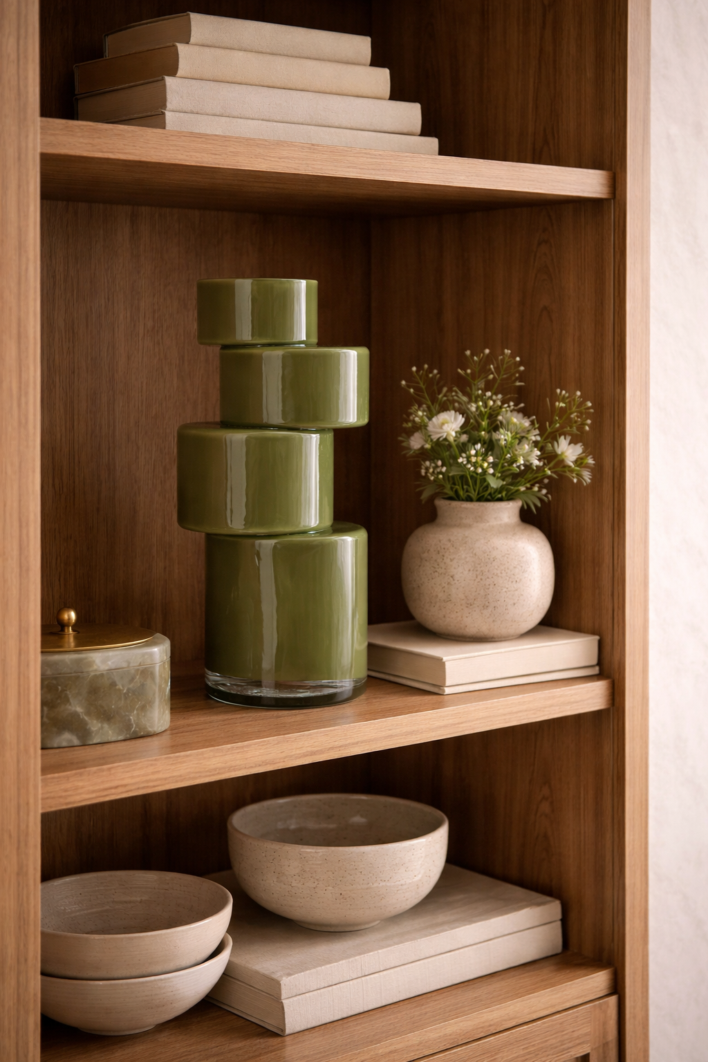 Pila Moss Green Vase featuring a glossy, stacked cylindrical design displayed on a wooden shelf.