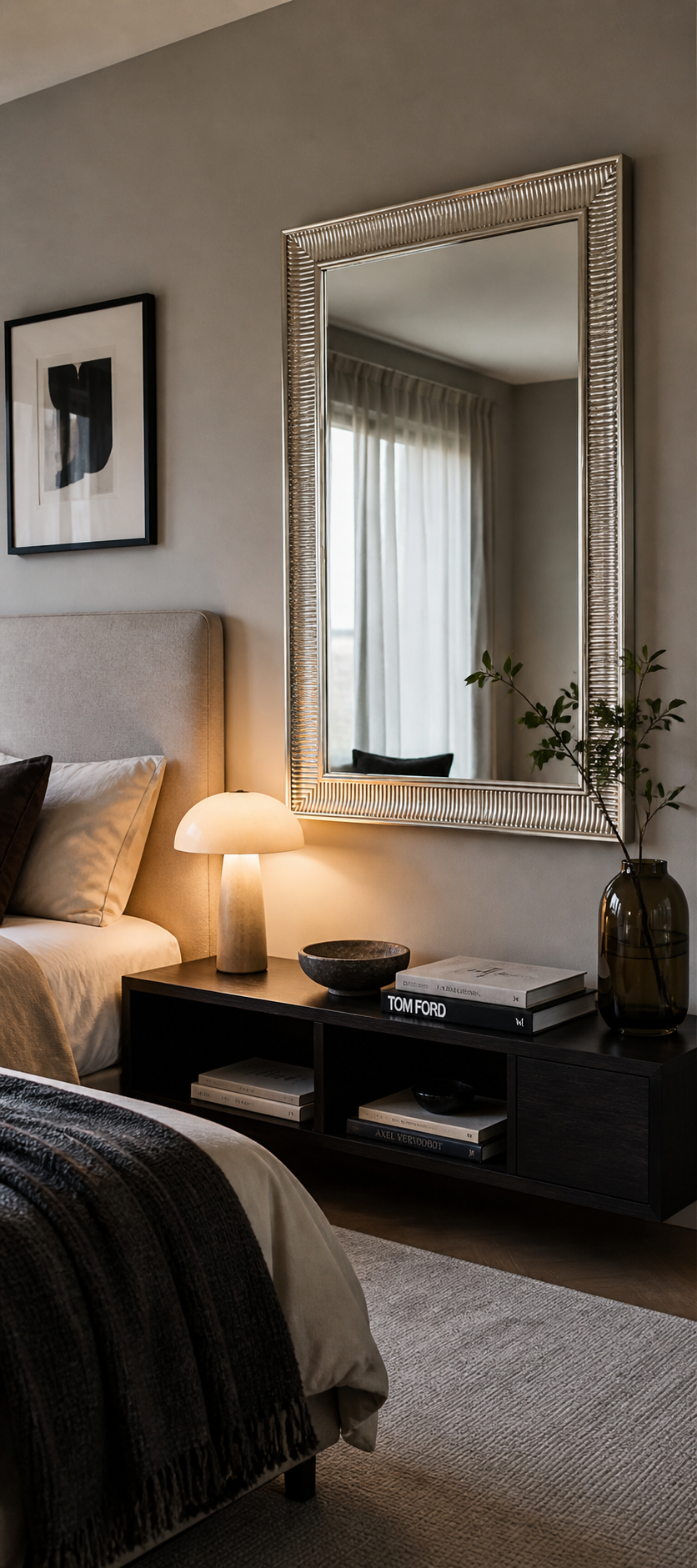 Large silver mirror with a textured, ridged frame, hanging above a bedside table, reflecting a window.
