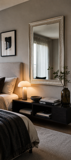 Large silver mirror with a textured, ridged frame, hanging above a bedside table, reflecting a window.