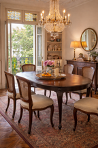 Dark wood oval dining table with ornate carved legs, surrounded by chairs and set on a patterned rug.