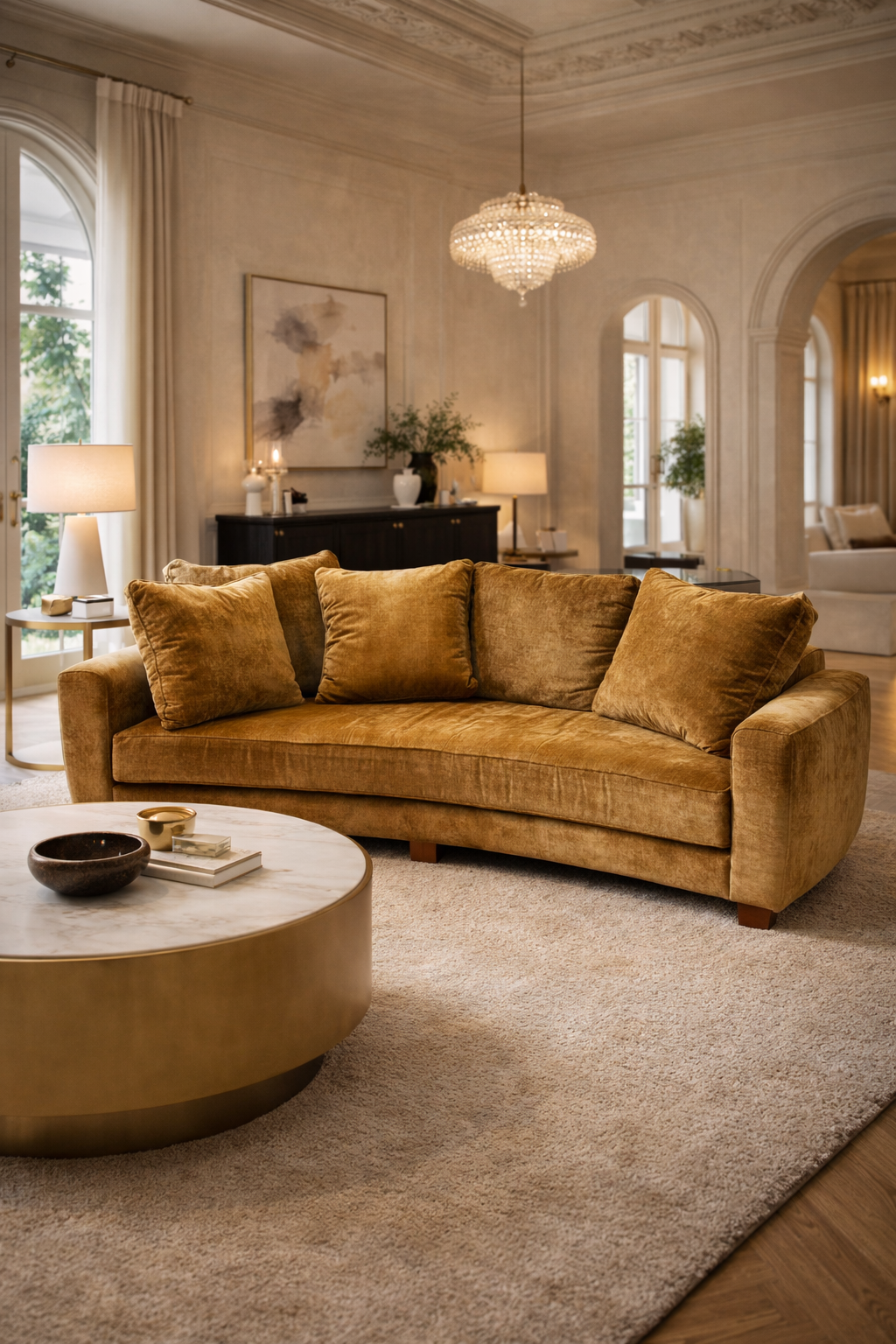 Ocre velvet curved sofa with plush cushions, positioned in a luxurious living room with a round marble coffee table.