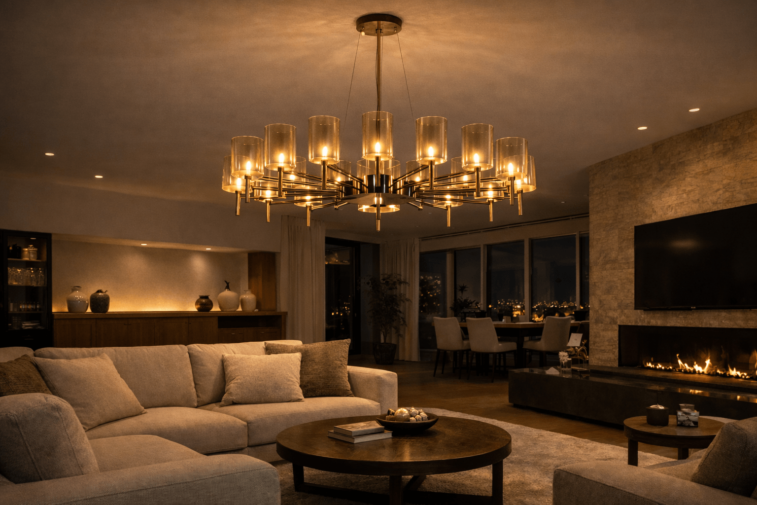 Large brass-toned multi-arm hanging lamp with cylindrical glass shades illuminates a modern living room.
