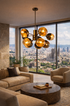 Multi-arm pendant lamp with amber glass globes and a dark metal frame, illuminating a modern living room.