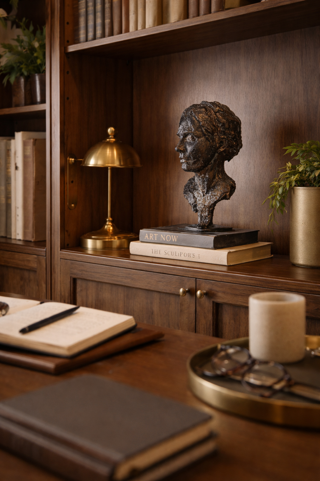 Dark, textured Orpheus bust sculpture in side profile, displayed on books on a dark wood bookshelf with a brass lamp.