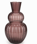 Purple glass vase with ribbed texture, featuring a narrow fluted neck and two stacked bulbous sections.