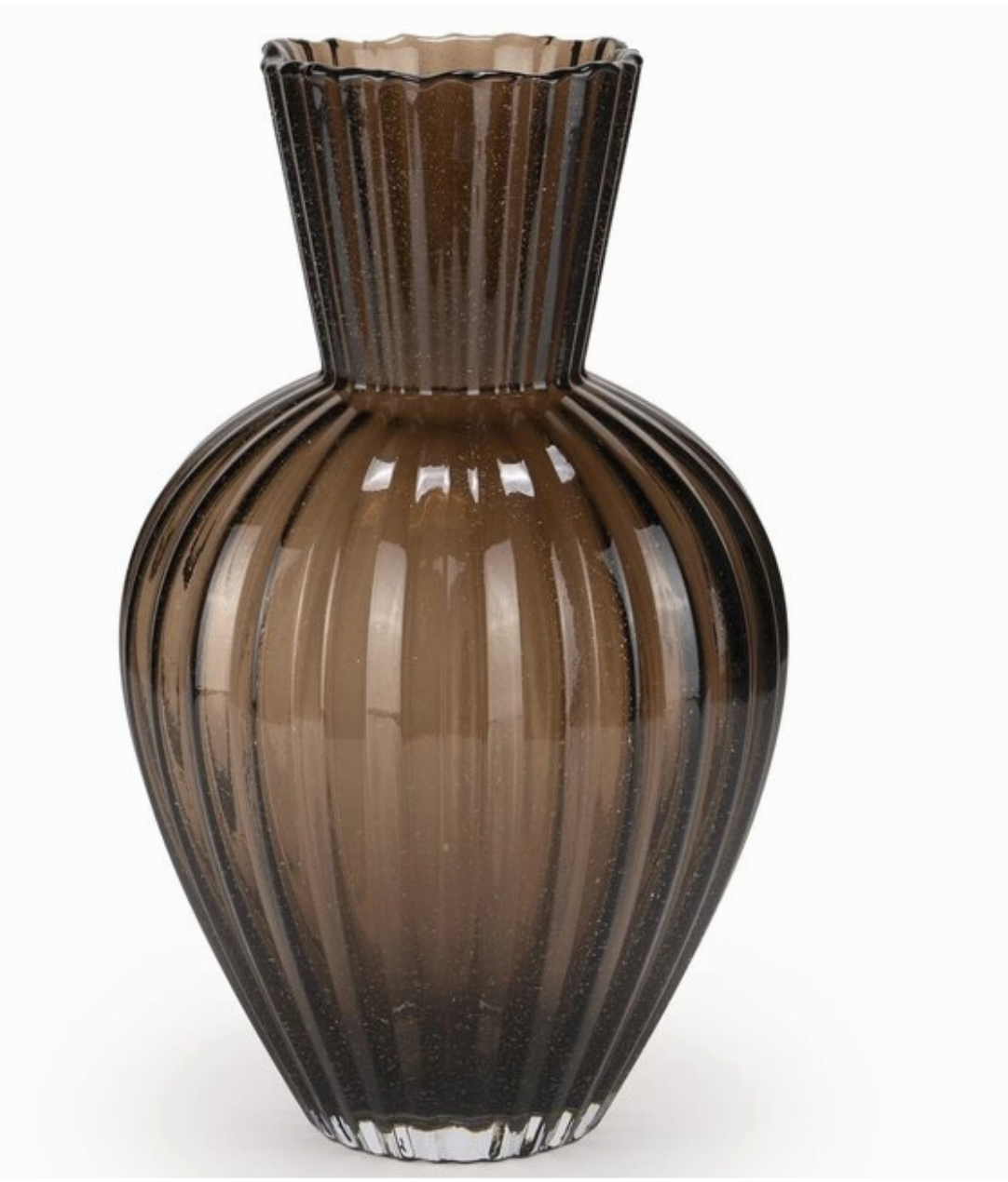 Orvieto Vase, a smoky brown ribbed glass vase with tiny air bubbles and a flared rim.