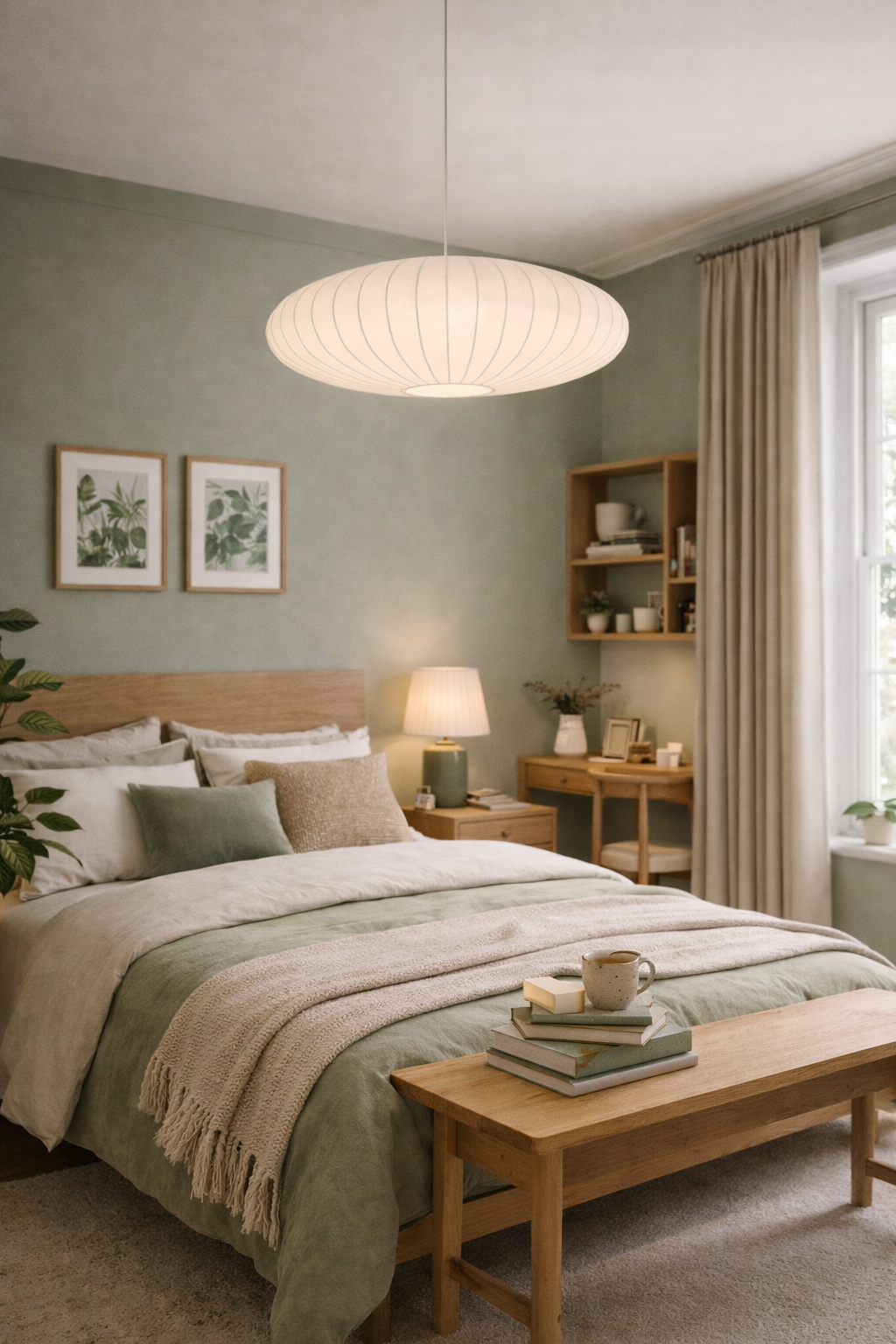 White ribbed oval hanging lamp illuminating a cozy bedroom with sage green walls and wooden furniture.