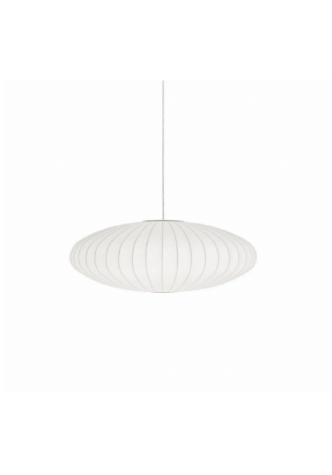 White oval hanging lamp with a ribbed translucent shade, suspended by a thin cable.