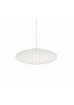 White oval hanging lamp with a ribbed translucent shade, suspended by a thin cable.