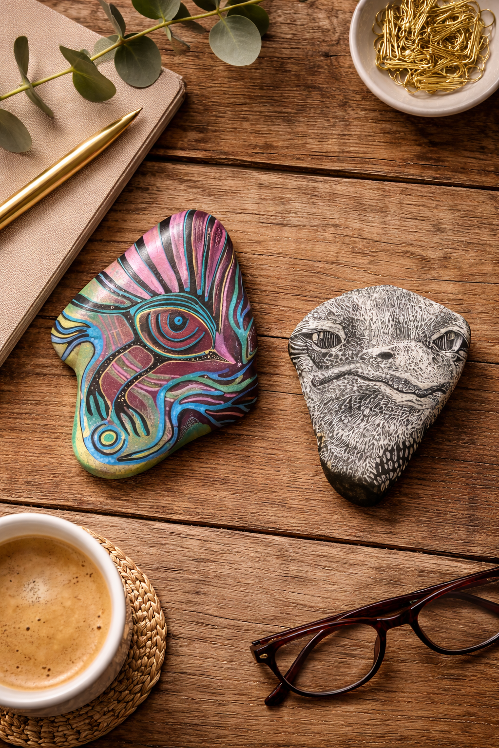 Colorful abstract peacock stone with vibrant pink, blue, and green patterns, on a wooden desk.