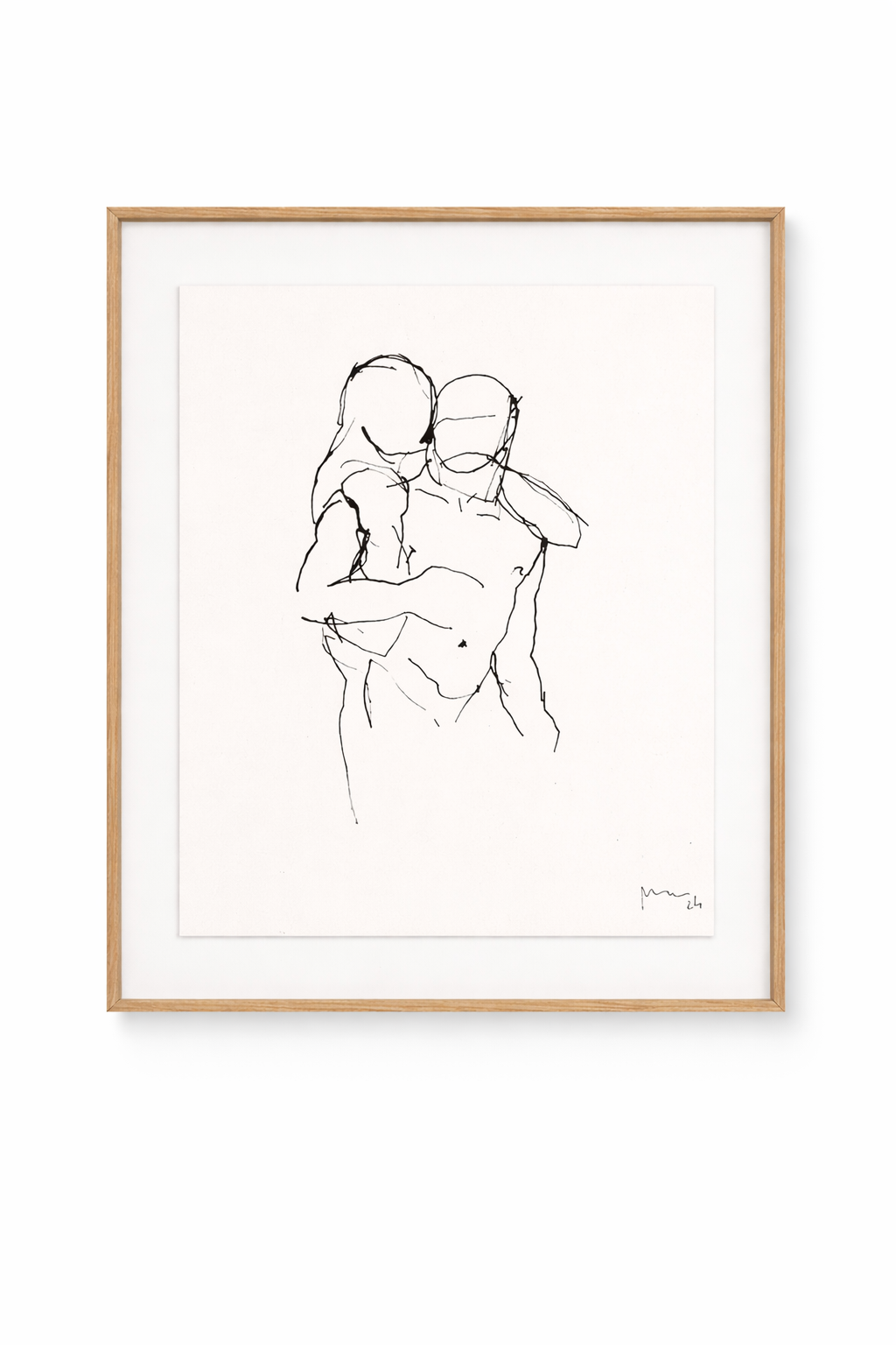 A framed people painting featuring a minimalist black line drawing of two embracing figures with an artist's signature, in a light wooden frame with a white mat.