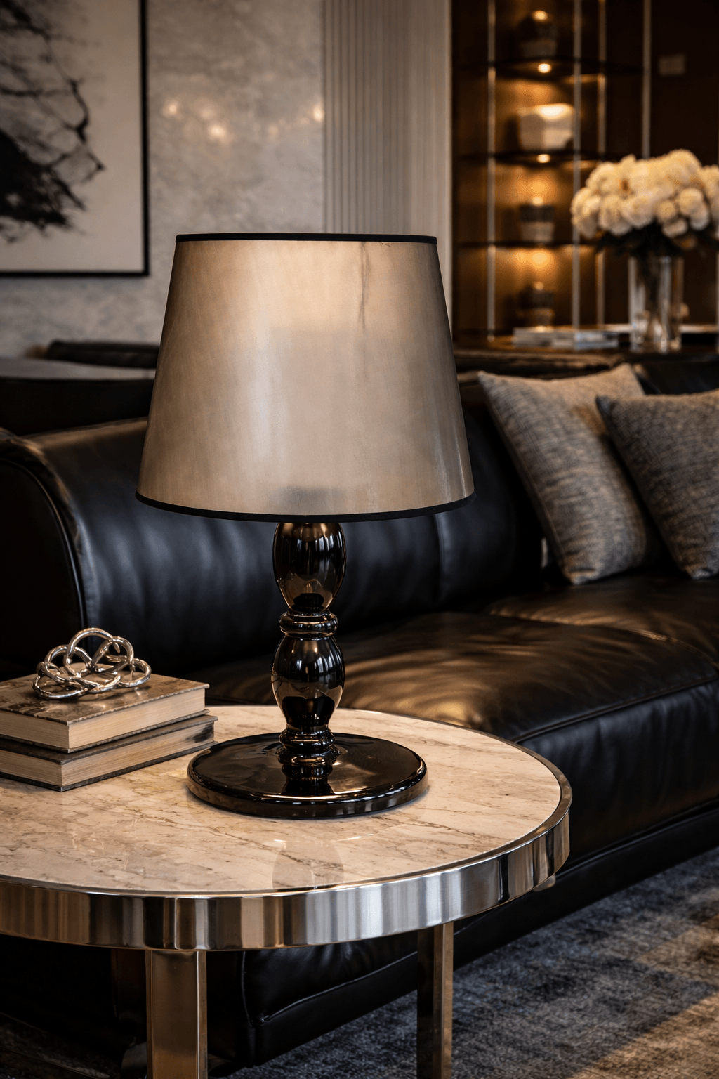 Pessoa Table Lamp with a light gold tapered shade and a dark, glossy double-gourd base on a marble side table.