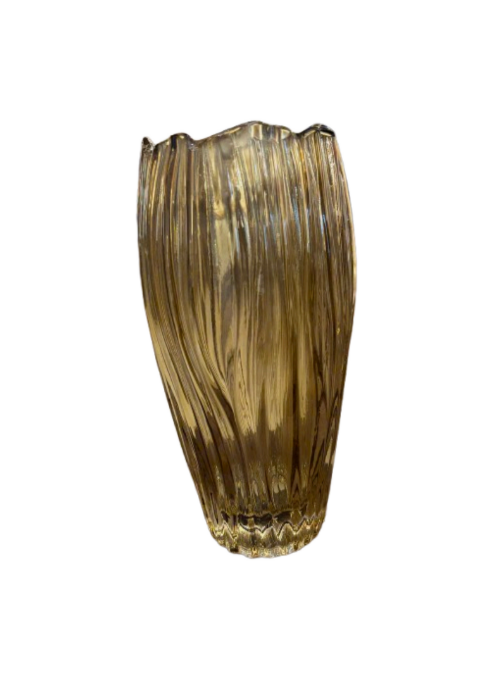 Golden ribbed glass vase with a wavy petal-like rim.