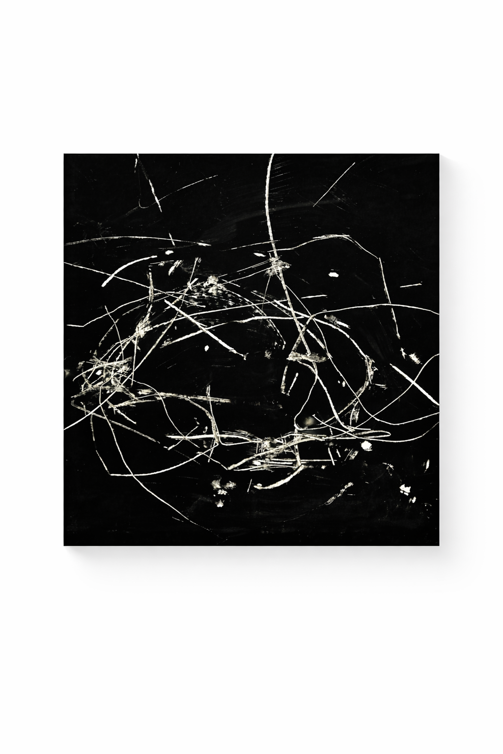 Abstract black and white painting with tangled white lines and streaks on a dark background.