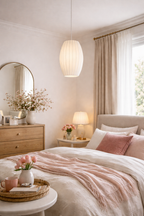 White ribbed oblong hanging lamp casting a soft glow in a modern bedroom.