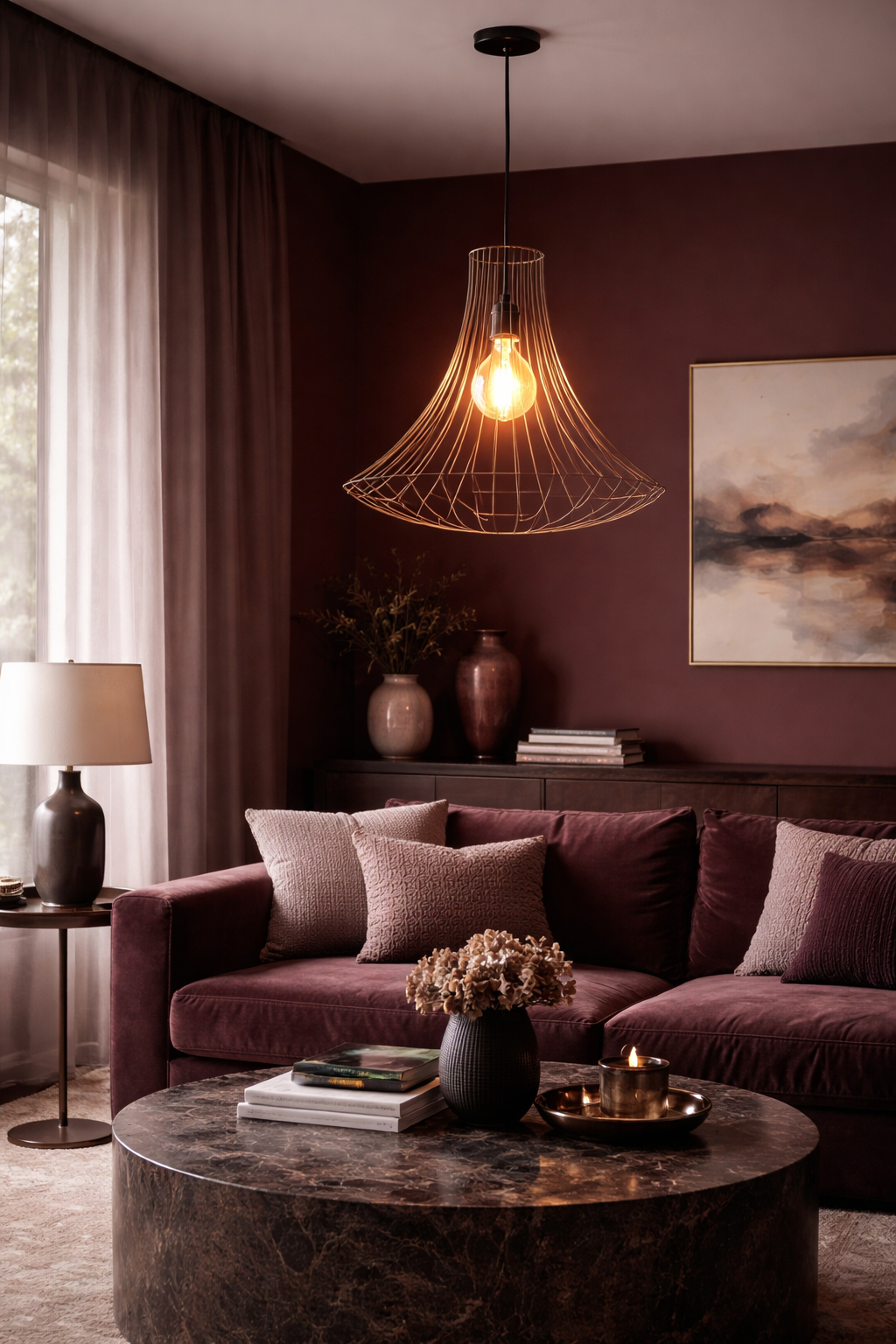 Hanging gold metal wireframe pendant lamp with an open conical cage design, featuring a glowing Edison-style bulb.