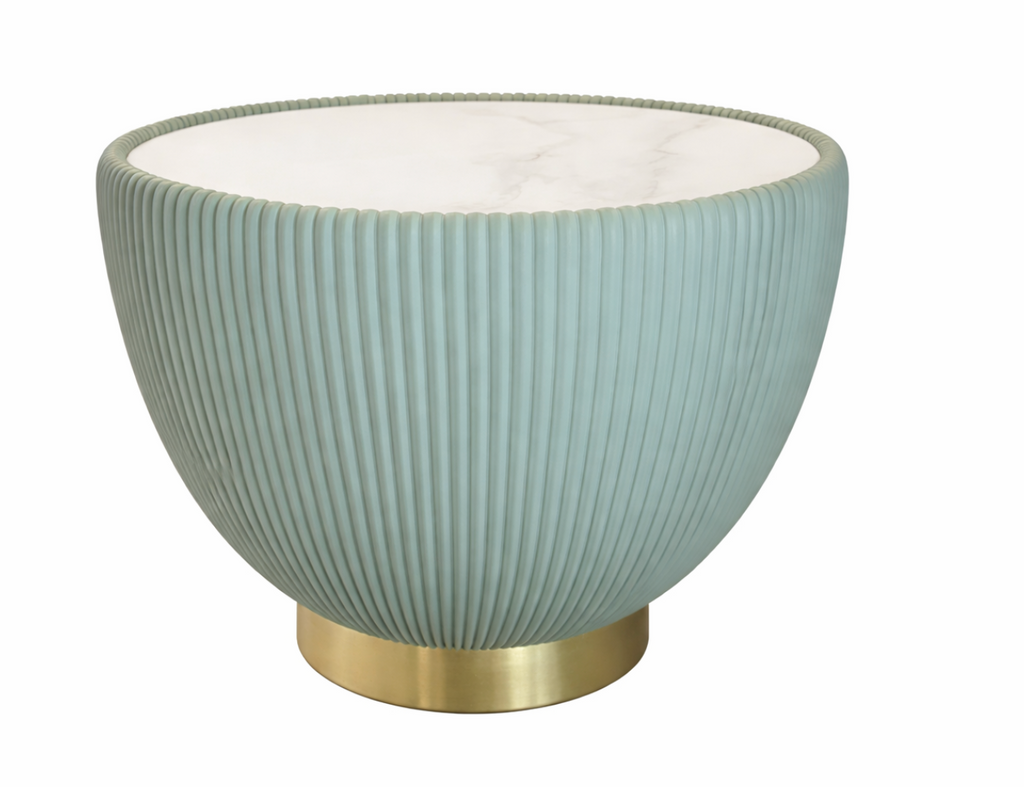 Siren Side Table with a muted teal fluted body, white marble top, and a polished gold base.