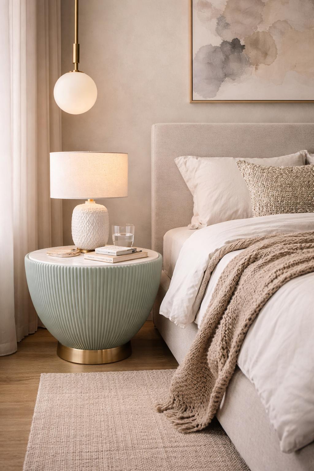 Light green ribbed Siren Side Table with a white top and gold base, next to a bed.