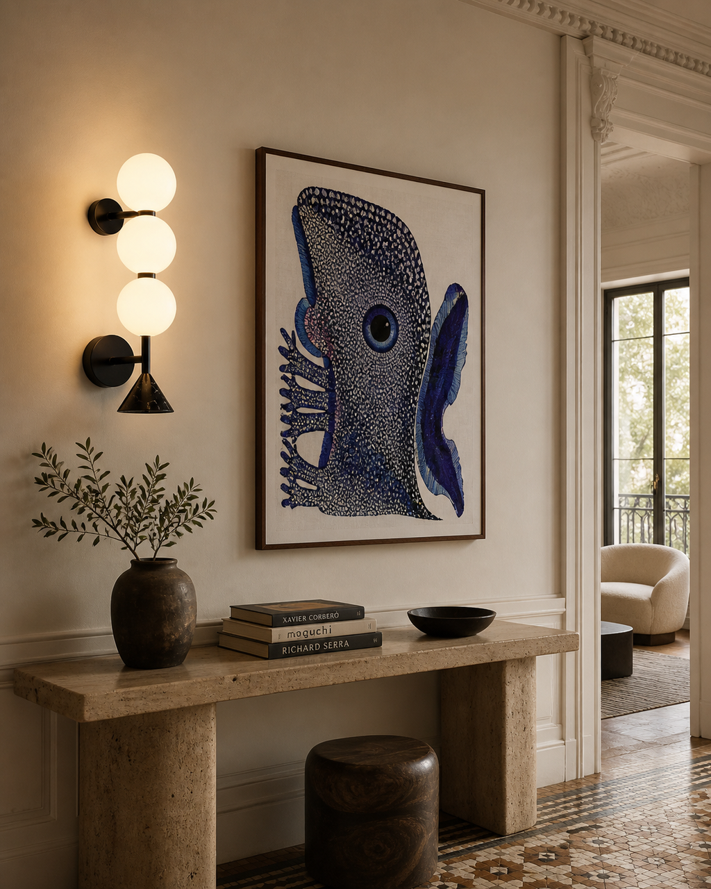 Three-light wall lamp with spherical white glass shades and a black metal fixture featuring a textured conical base, on a light wall.