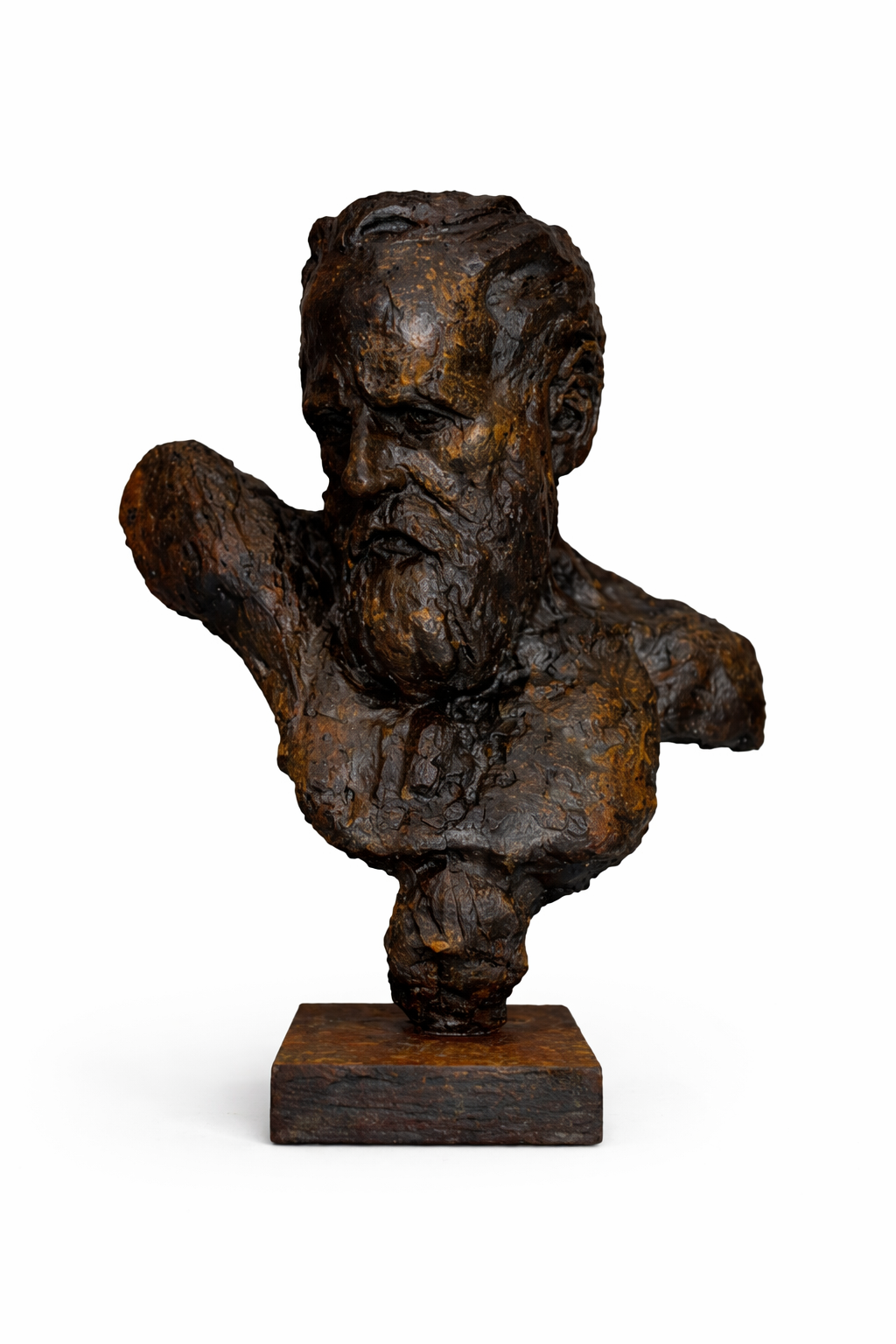 Dark bronze textured bust sculpture of a bearded man with an intense expression, on a rustic square base.