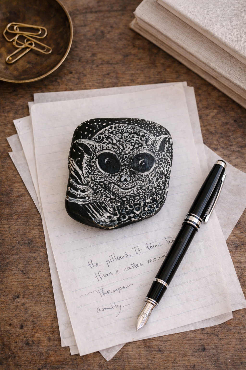 Tarsier Black and White Art Stone, intricately patterned, resting on lined paper beside a black fountain pen.