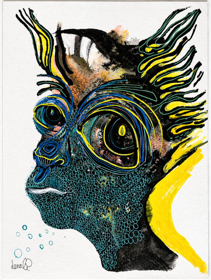 Abstract artwork of a head in profile, featuring bold black, yellow, and teal lines with a textured, bubbly pattern.