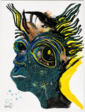 Abstract artwork of a head in profile, featuring bold black, yellow, and teal lines with a textured, bubbly pattern.