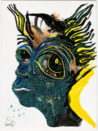 Abstract artwork of a head in profile, featuring bold black, yellow, and teal lines with a textured, bubbly pattern.